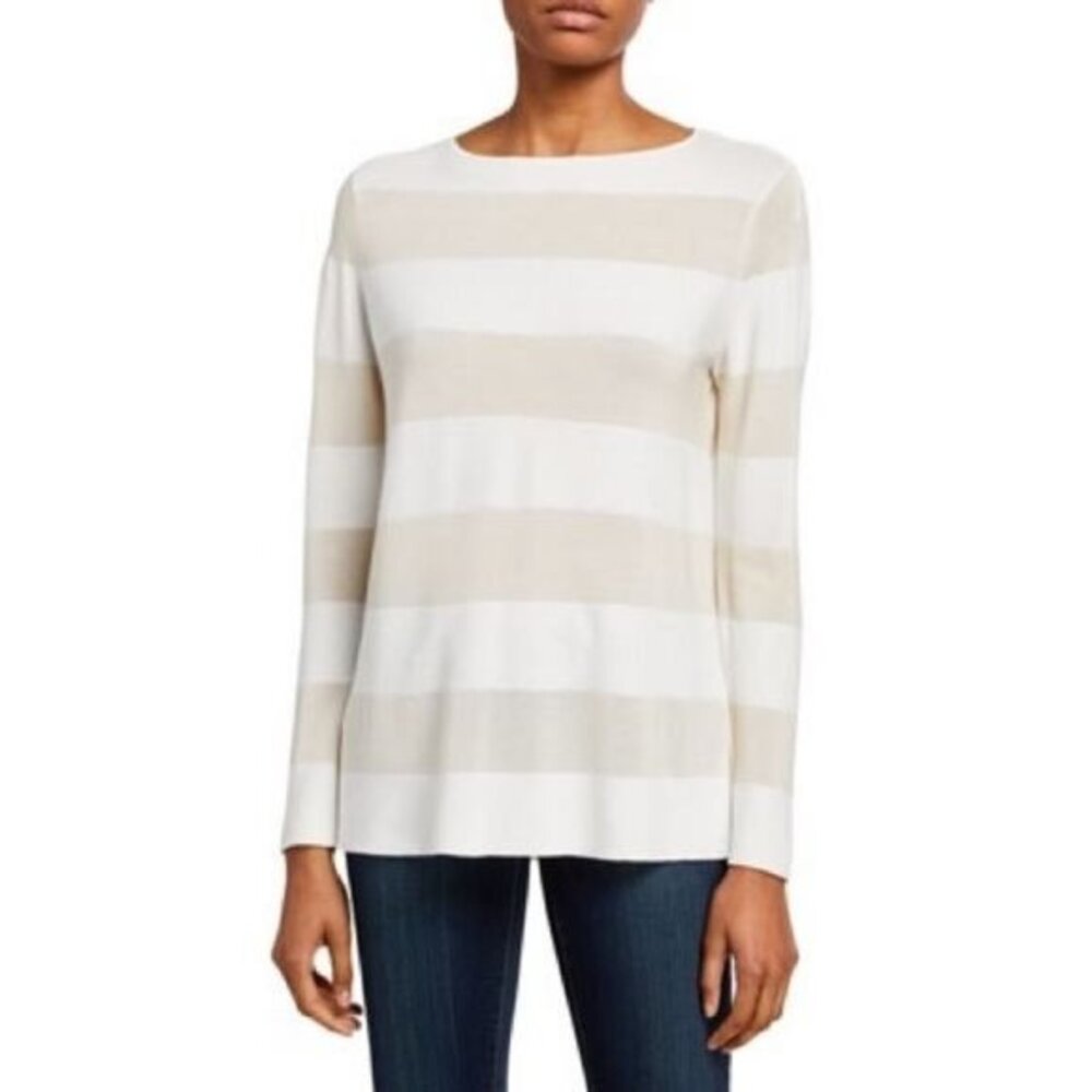 Lafayette 148 Striped Matte Crepe Bateau-Neck Lightweight Relaxed Sweate…
